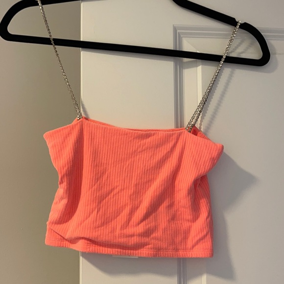 Emma & Sam Tops - Neon orange crop top with rhinestone straps. NWT